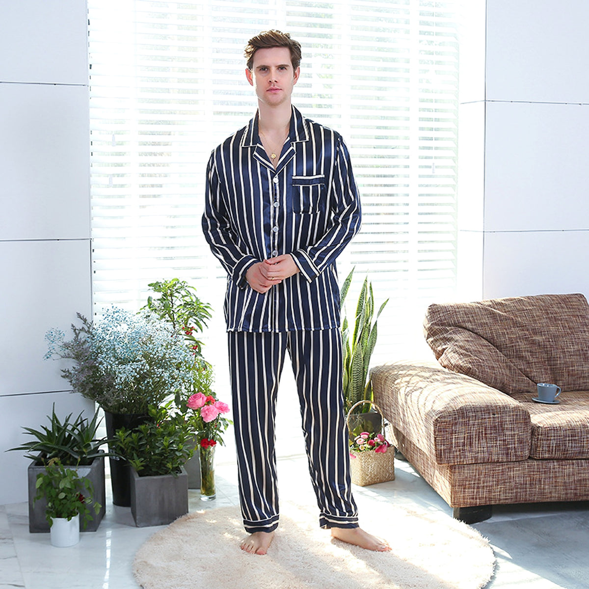 Fall men's simulated silk stripe pajamas men - enhanced image 8