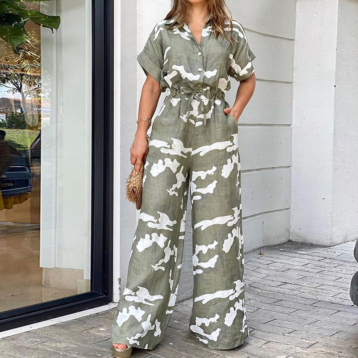 Fashion Polo Collar Printed Button Lace-up Jumpsuit - enhanced image 8