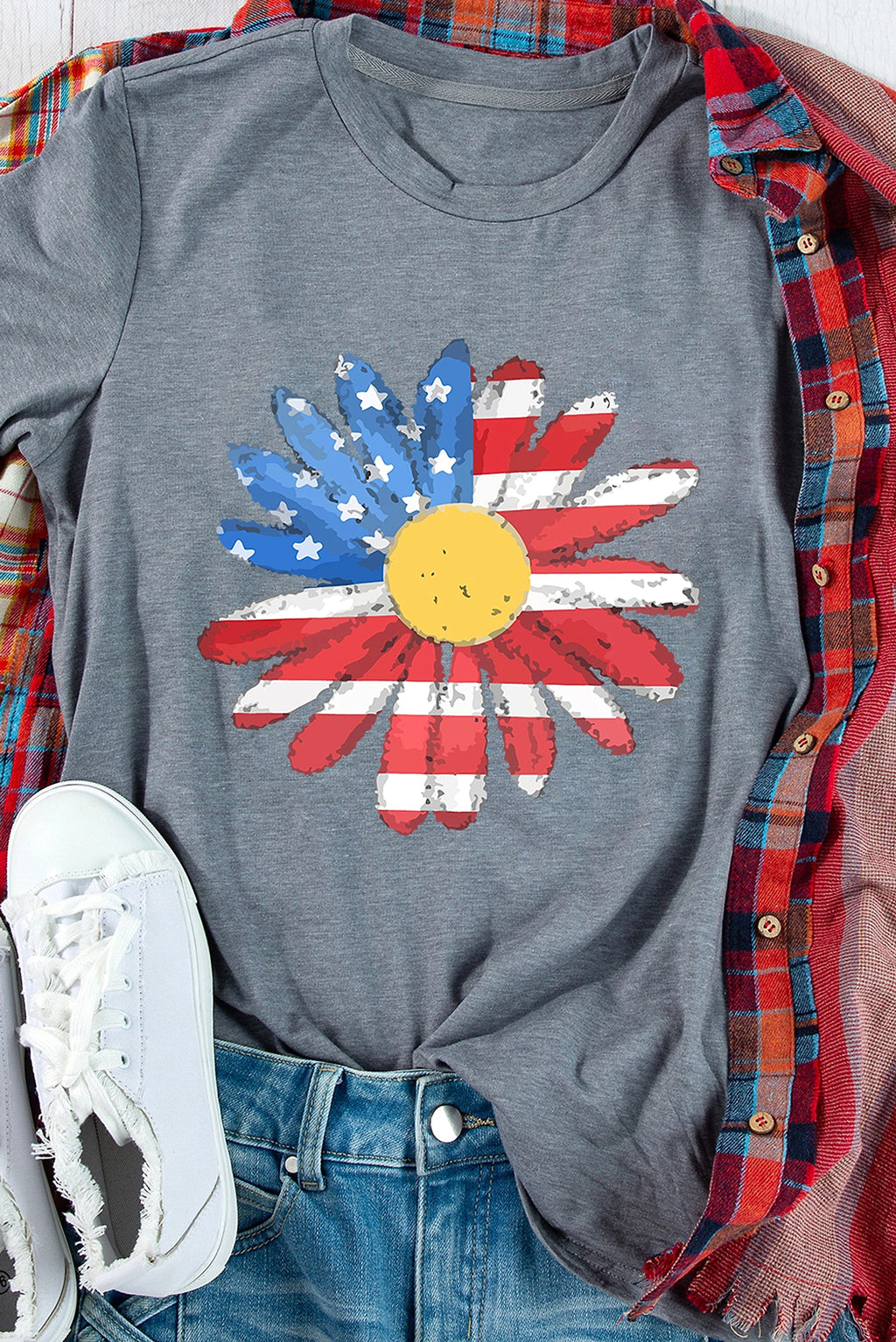 Gray Flag Pattern Sunflower Graphic Crew Neck Tee - enhanced image 8