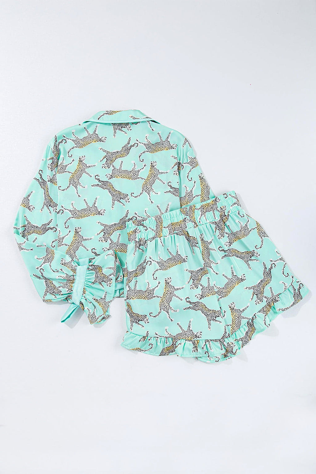 Green Leopard Satin Ruffle Pajama Short Set - enhanced image 8