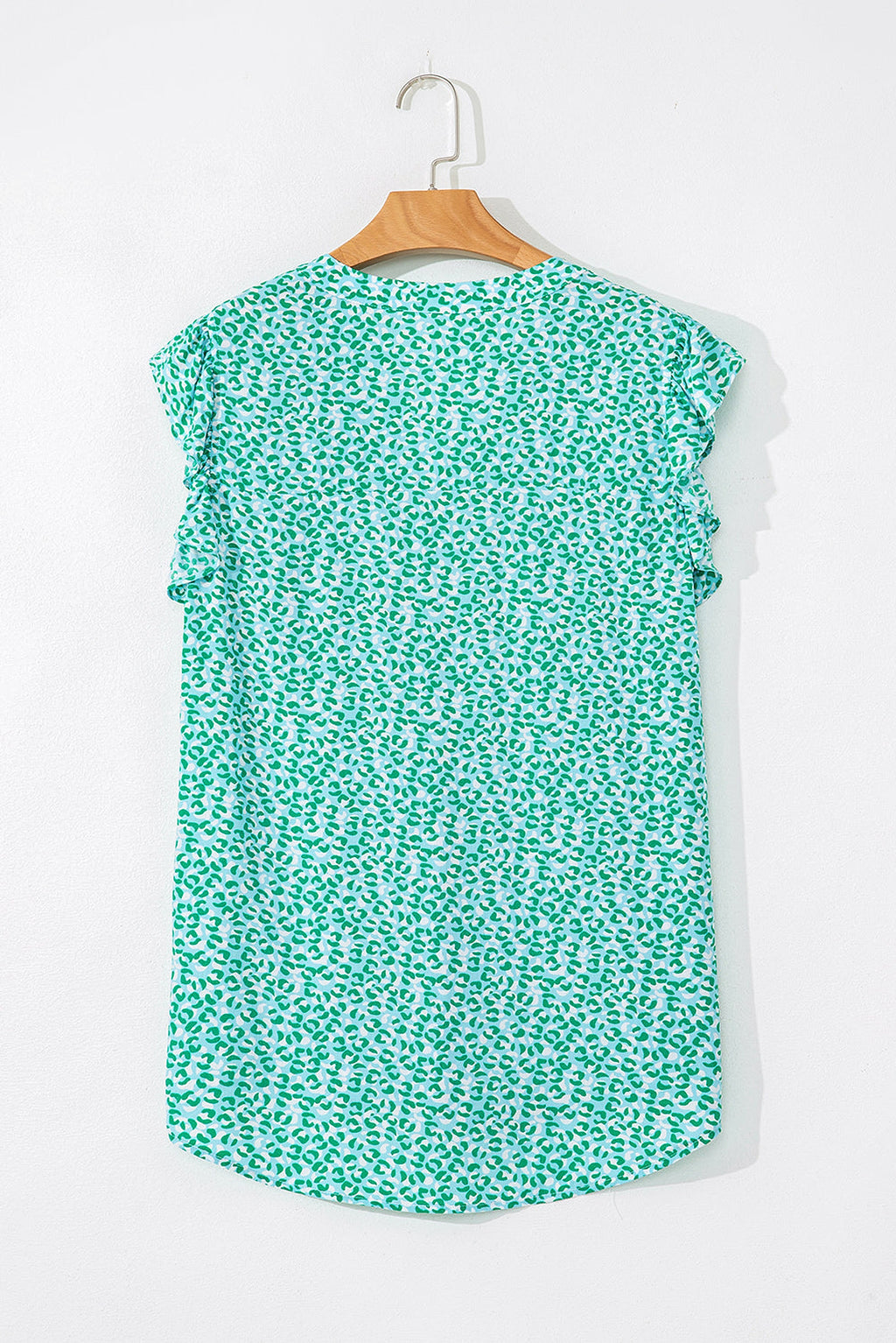 Green Notched V Neck Leopard Ruffle Short Sleeve Blouse - enhanced image 8