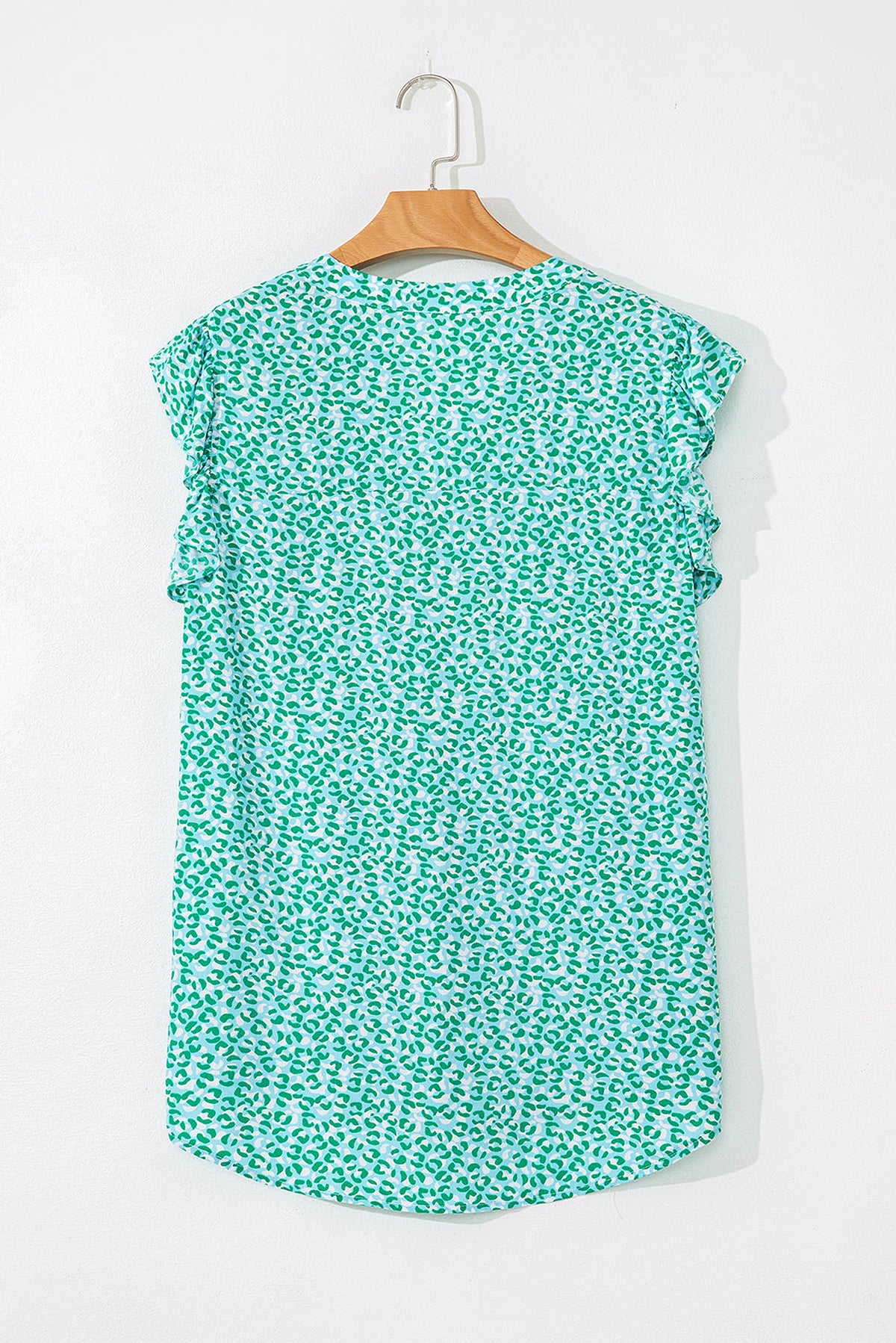 Green Notched V Neck Leopard Ruffle Short Sleeve Blouse - enhanced image 8
