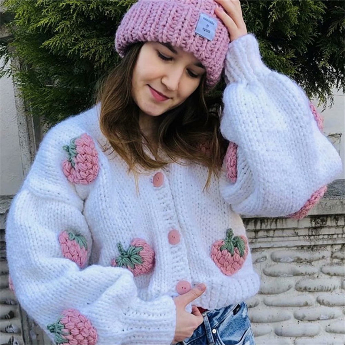 Handmade Crochet Cardigan Sweater Women Fruit Jacquard Embroidery - enhanced image 8