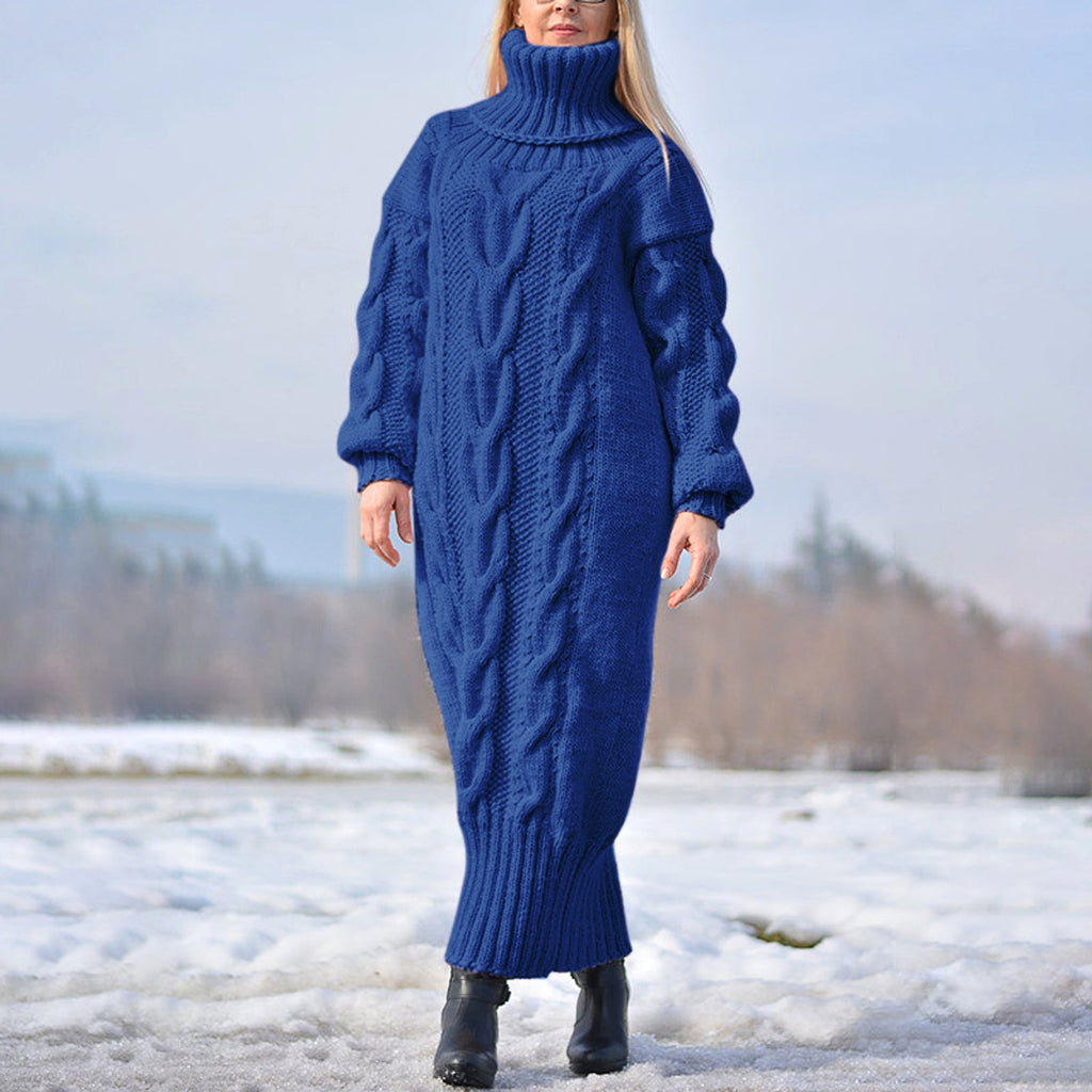 High Neck Pullover Cable Loose Knitted Wool Dress - enhanced image 8