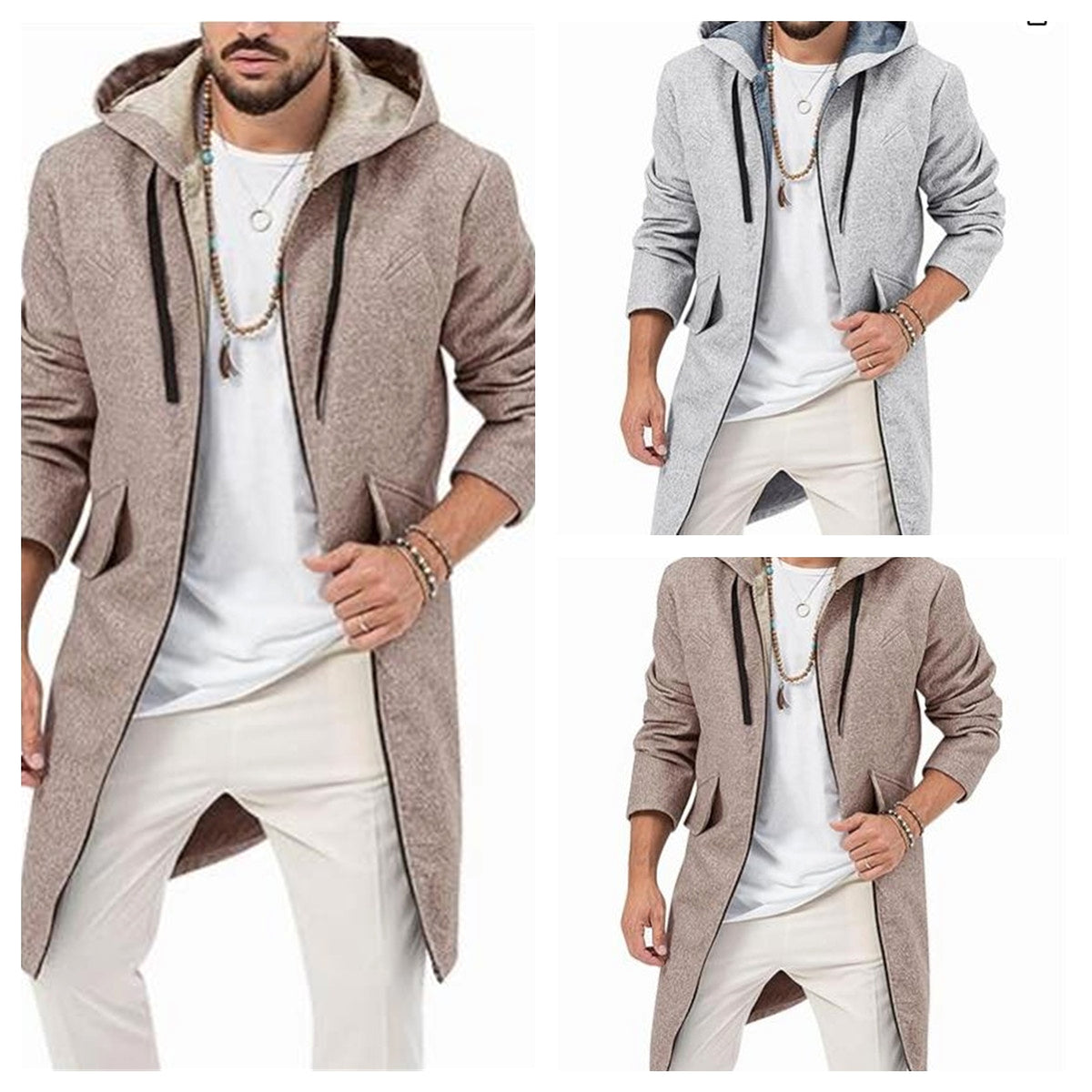 Hooded Jacket Single Zipper Cardigan Woolen Men's Coat - enhanced image 8