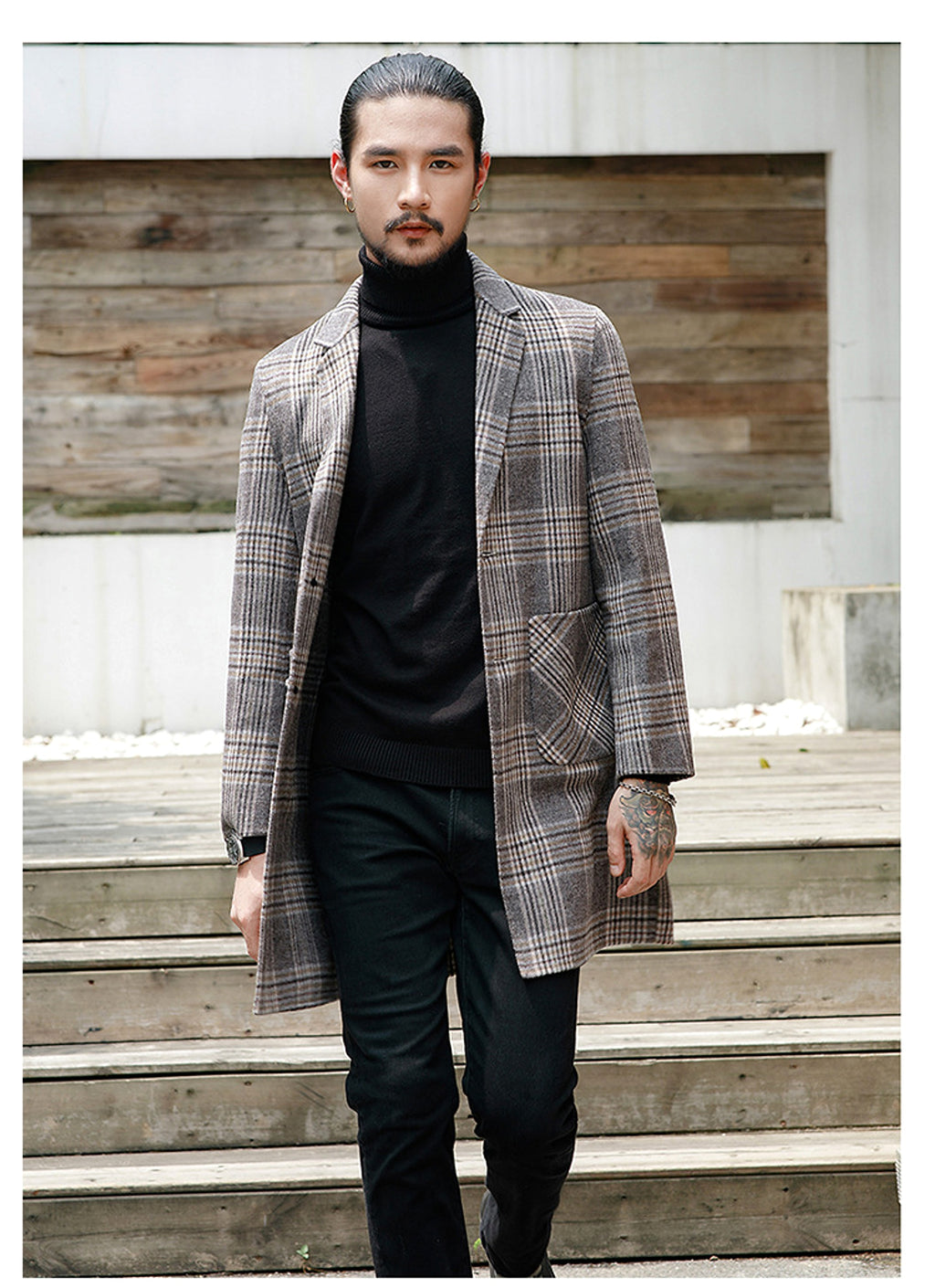 Houndstooth reversible men's plaid woolen trench coat - enhanced image 8