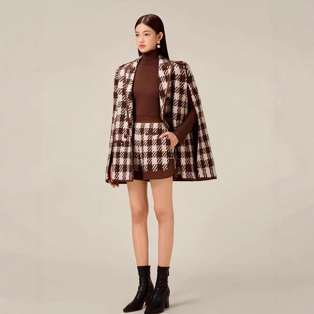Houndstooth Woolen Cape Coat & Shorts – Elegant & Fashionable Set - enhanced image 8