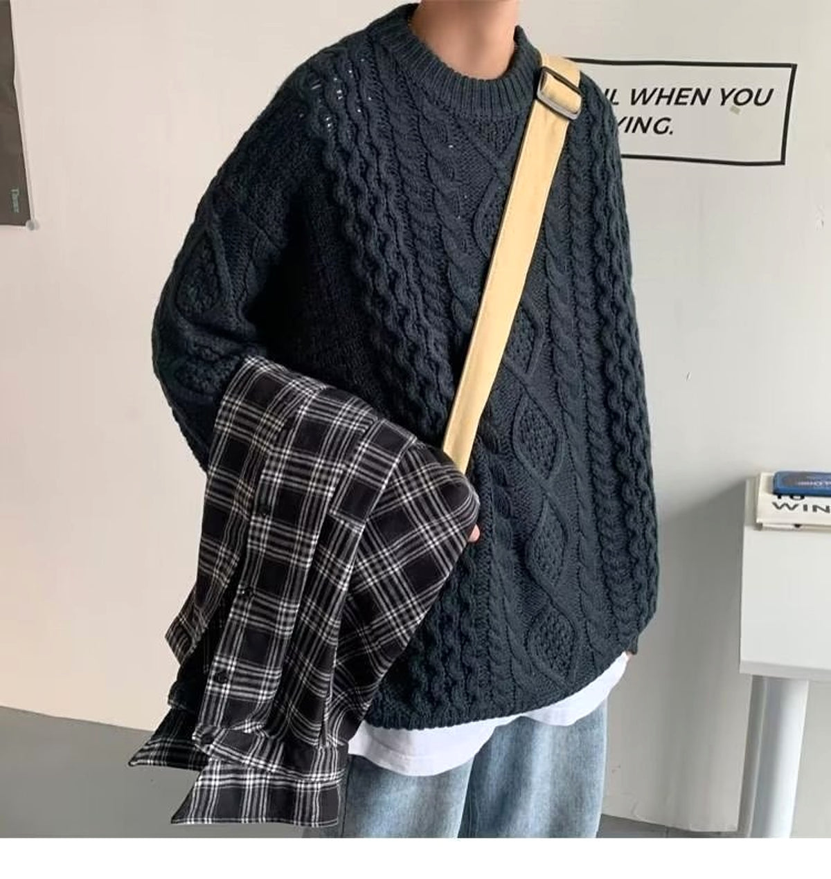 Japanese Stitching Contrast Color Cable-knit Sweater Men - enhanced image 8
