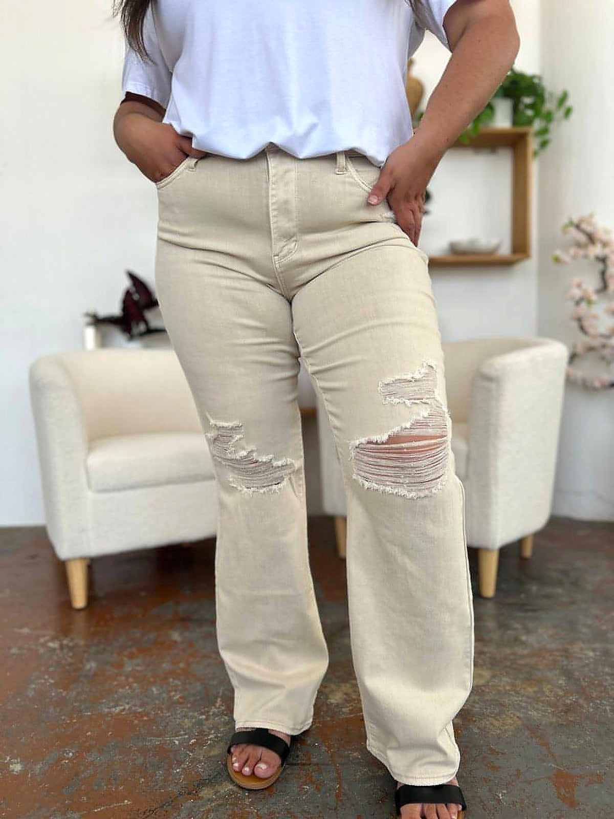 Judy Blue Full Size High Waist Distressed Wide Leg Jeans - enhanced image 8