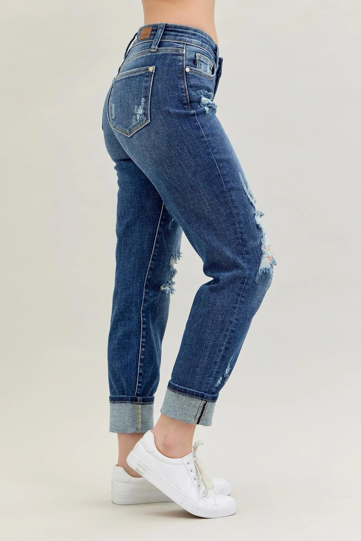 Judy Blue Full Size Mid Rise Cuffed Destroy Bf Jeans Plus Size - enhanced image 8