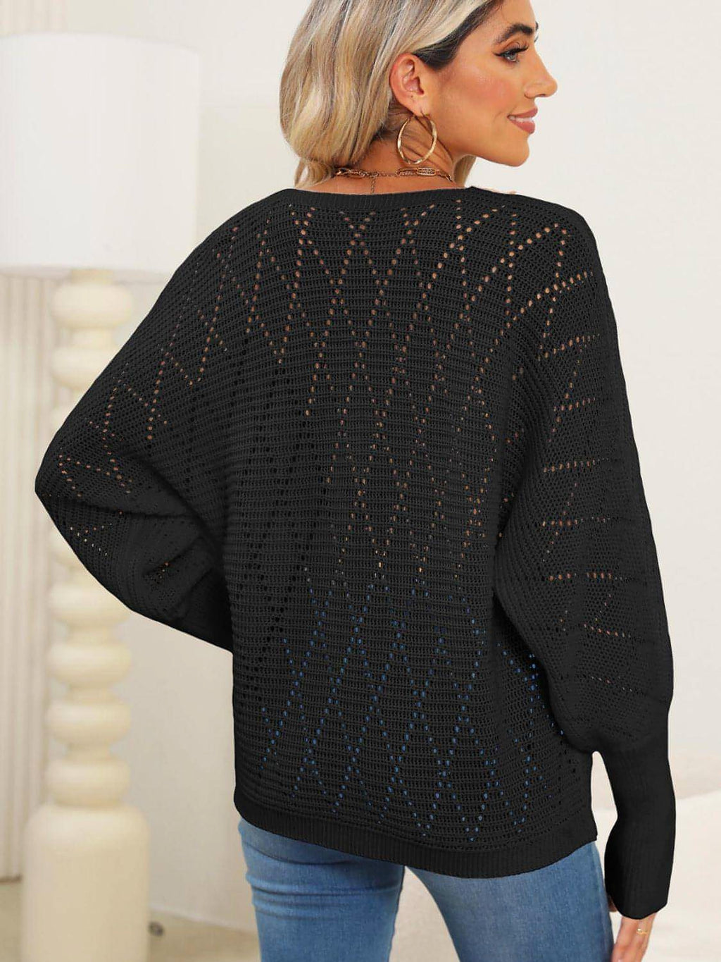 Lace Detail V-Neck Long Sleeve Sweater - enhanced image 8