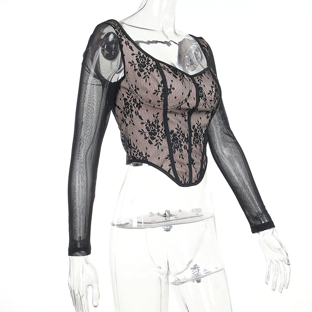 A1. Lace Stitching Girdle Printed Long-sleeved T-Shirt Women - enhanced image 8