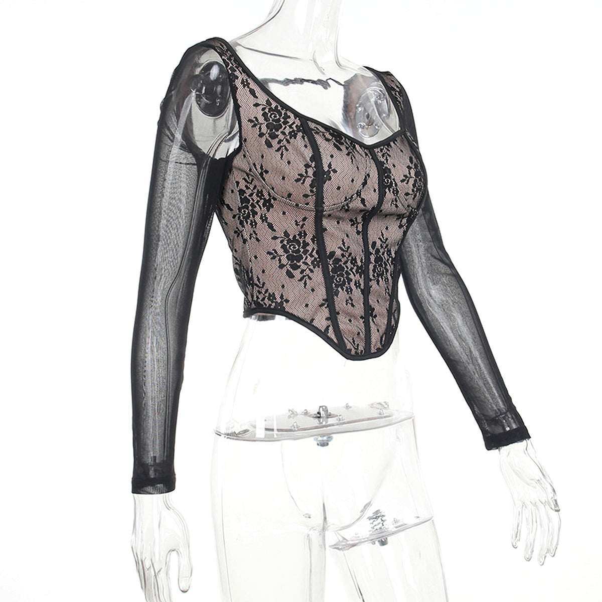 A1. Lace Stitching Girdle Printed Long-sleeved T-Shirt Women - enhanced image 8