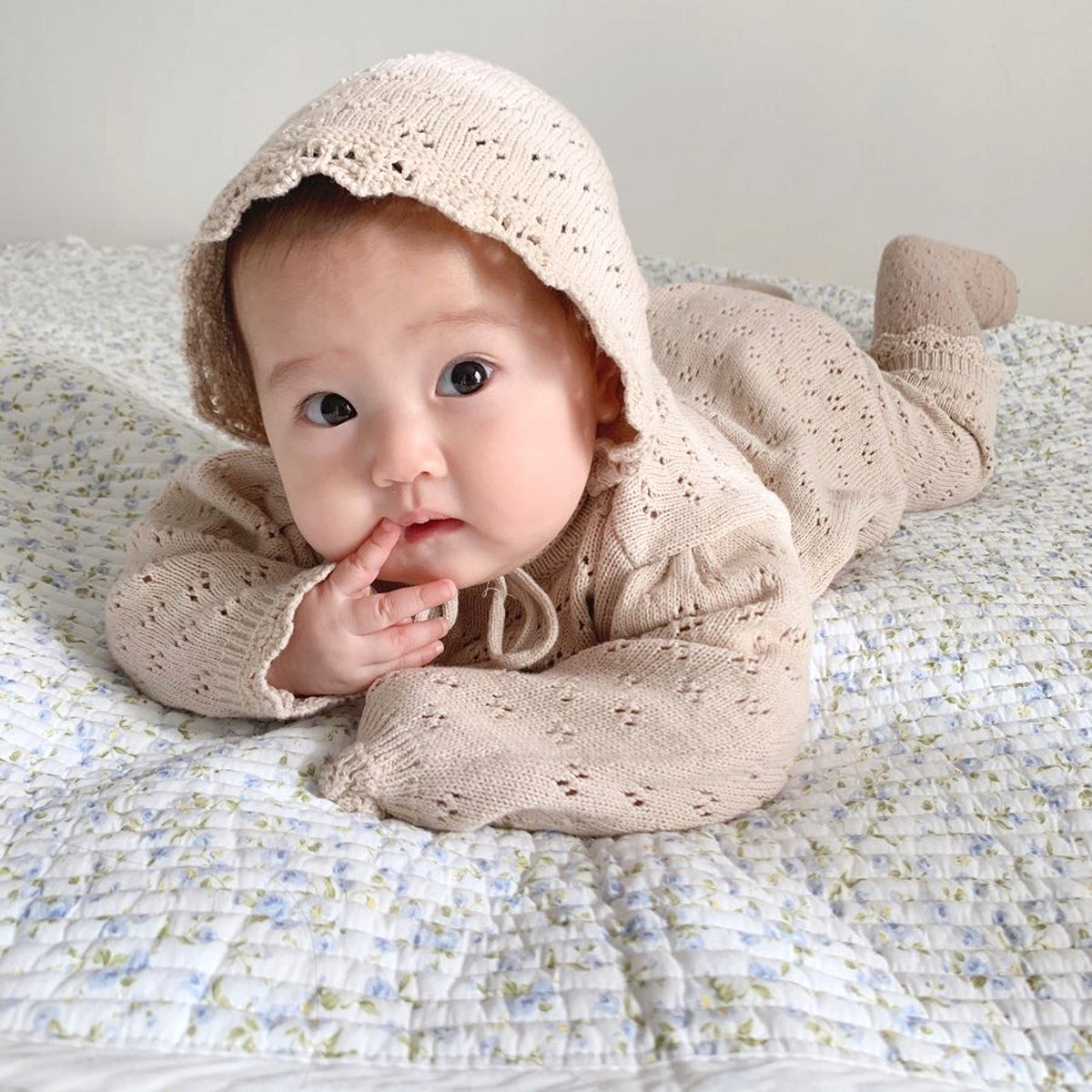 LaceNest™ – Knitted Hollow Baby Romper with Hat - enhanced image 8