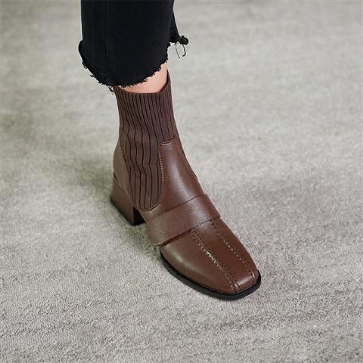 Large Brown Square Toe Mid-heel Soft Leather Shoes - enhanced image 8