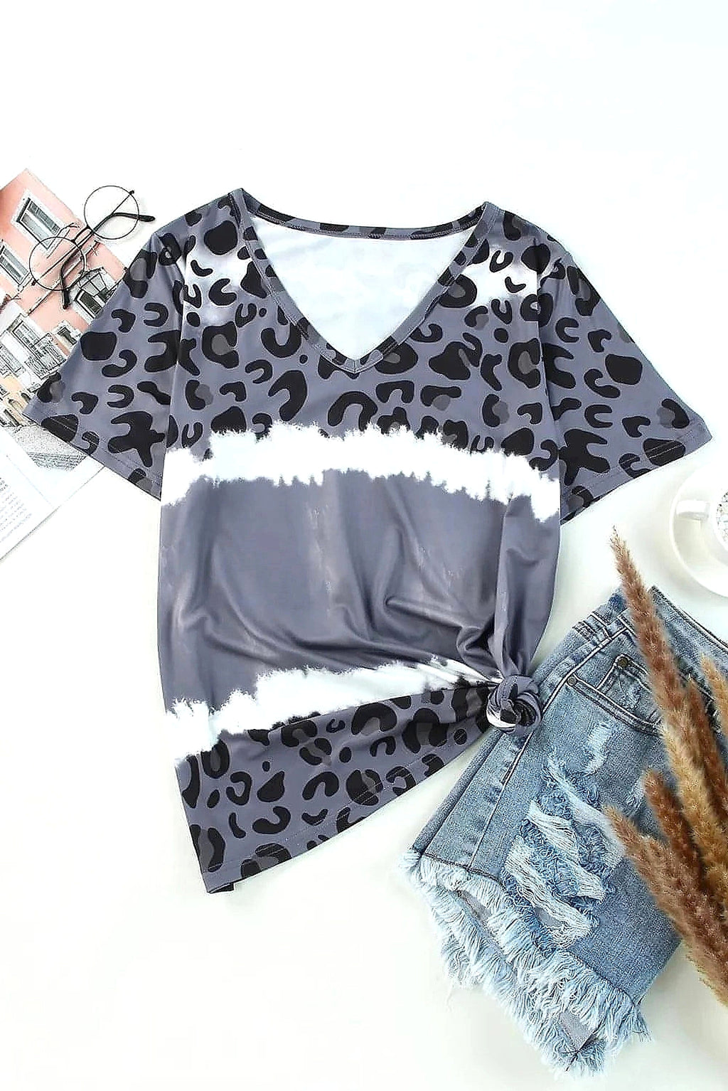 Leopard V-Neck Short Sleeve T-Shirt - enhanced image 8