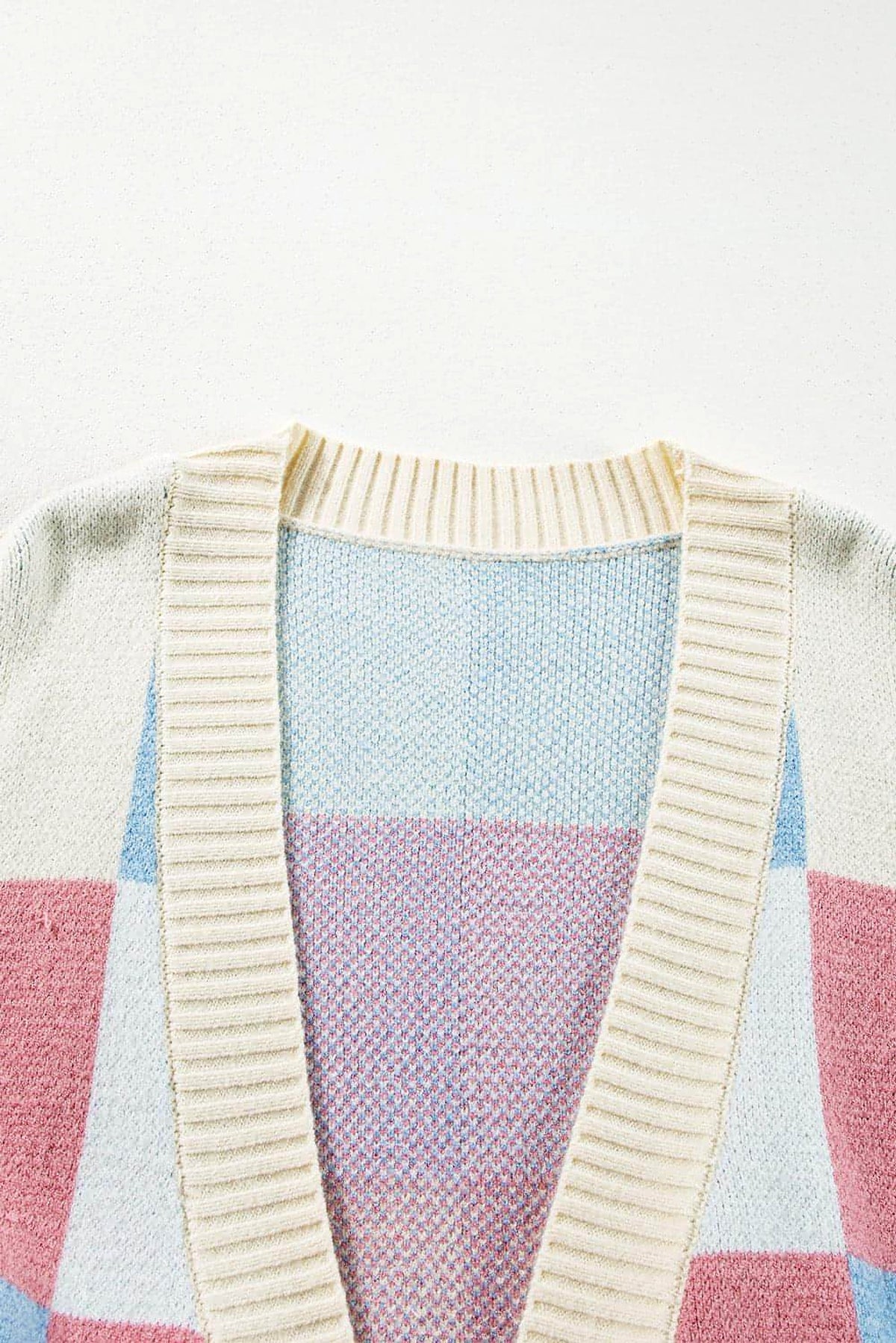 Light Blue Checkered Drop Shoulder Exposed Seam Open Front Cardigan - enhanced image 8