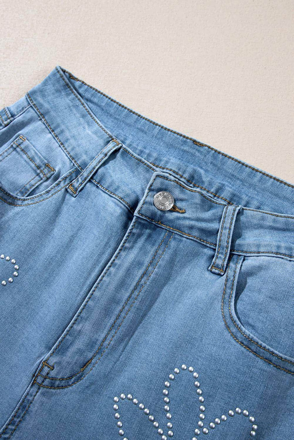 Light Blue Floral Rhinestone Decor High Rise Wide Leg Jeans - enhanced image 8