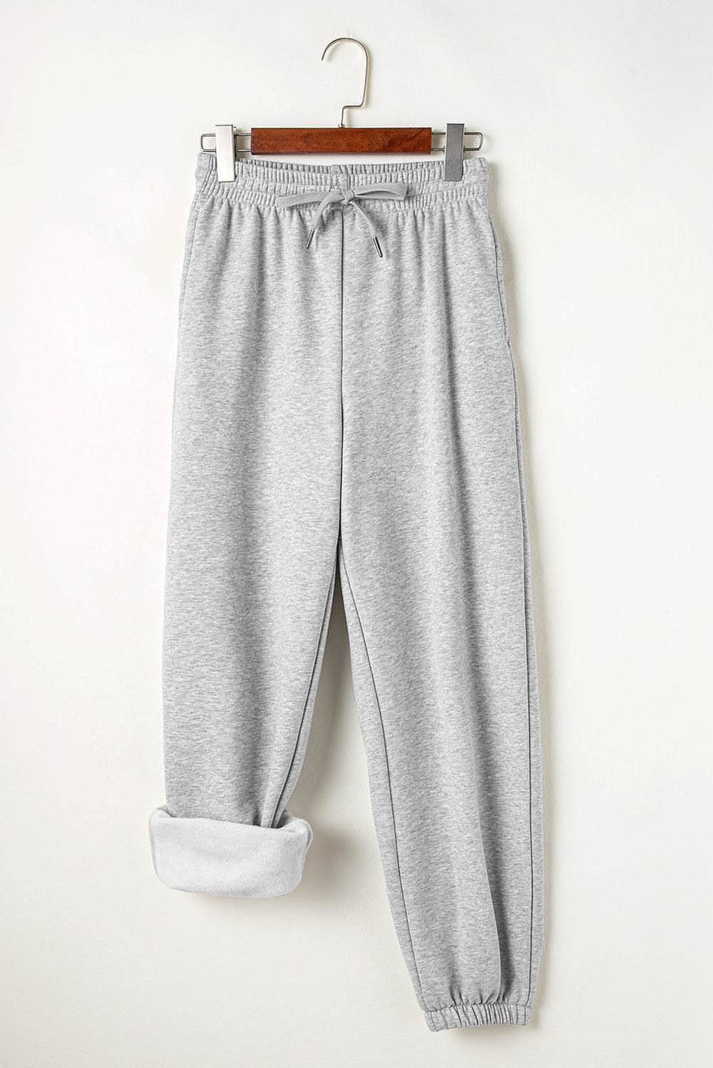 Light Grey Solid Color Fleece Lined Drawstring Waist Joggers - enhanced image 8