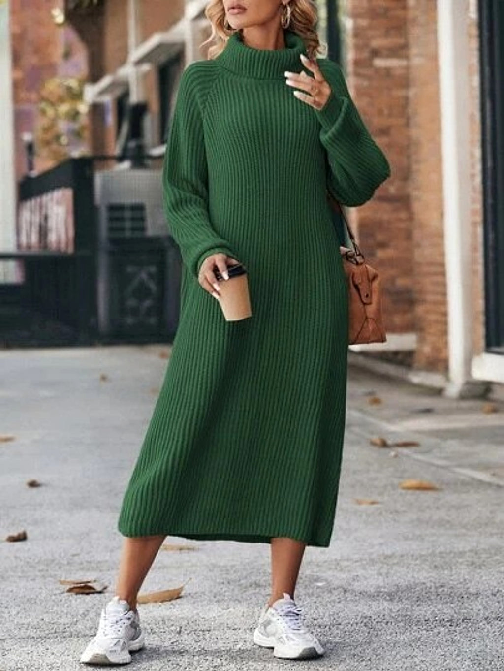 Long Below The Knee Loose High Collar Knitted Dress Sweater - enhanced image 8