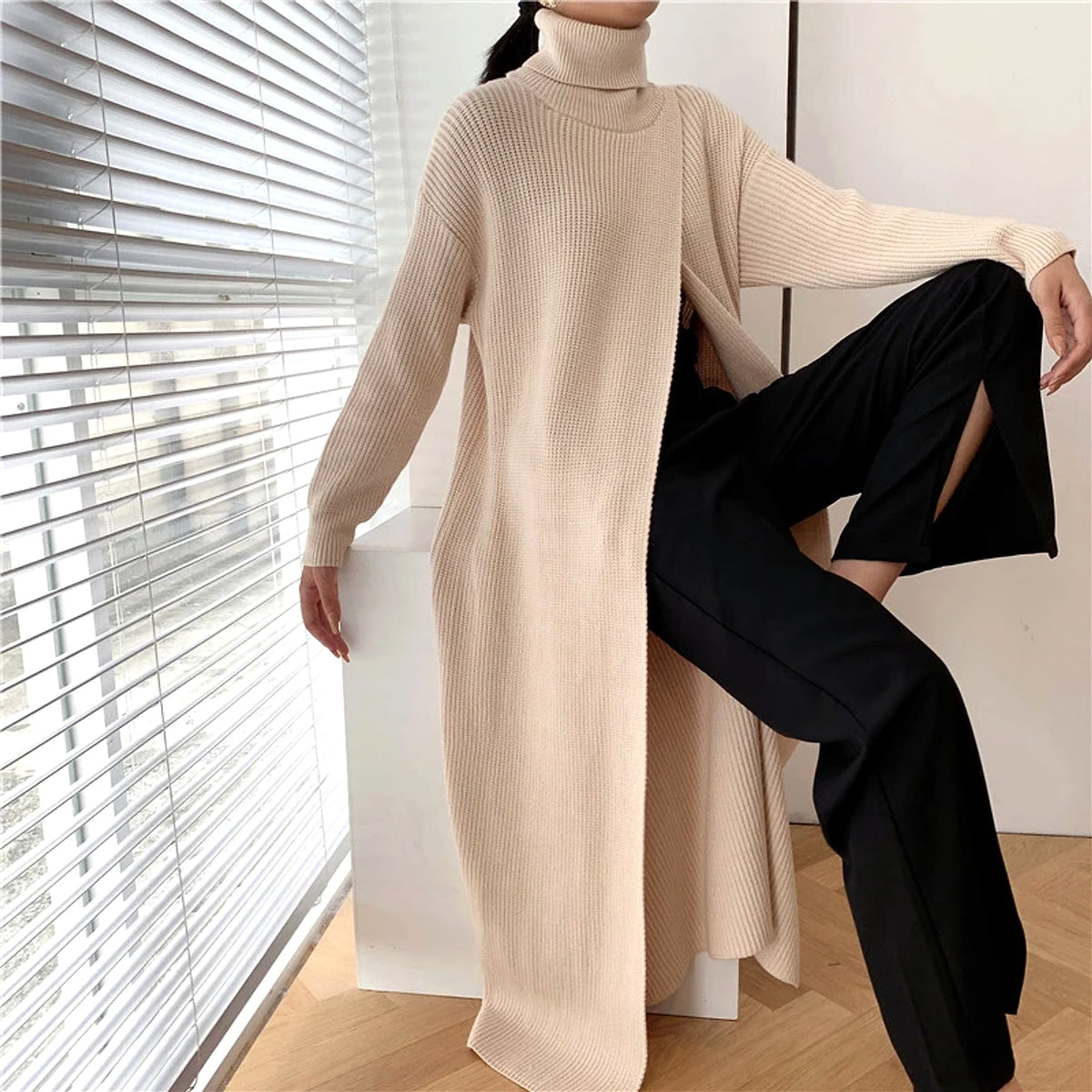 A.1 Long Knit Turtleneck Sweater Long Skirt Pullover Bottoming With Slits And Slim Fit - enhanced image 8