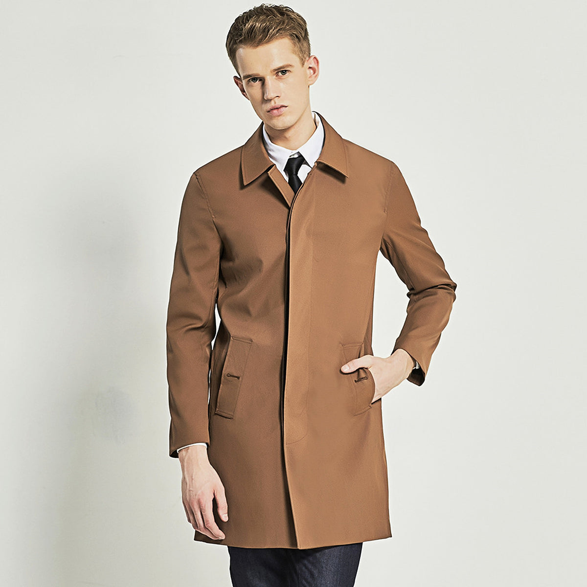 Men Trench Coat Navy Blue Single Breasted - enhanced image 8