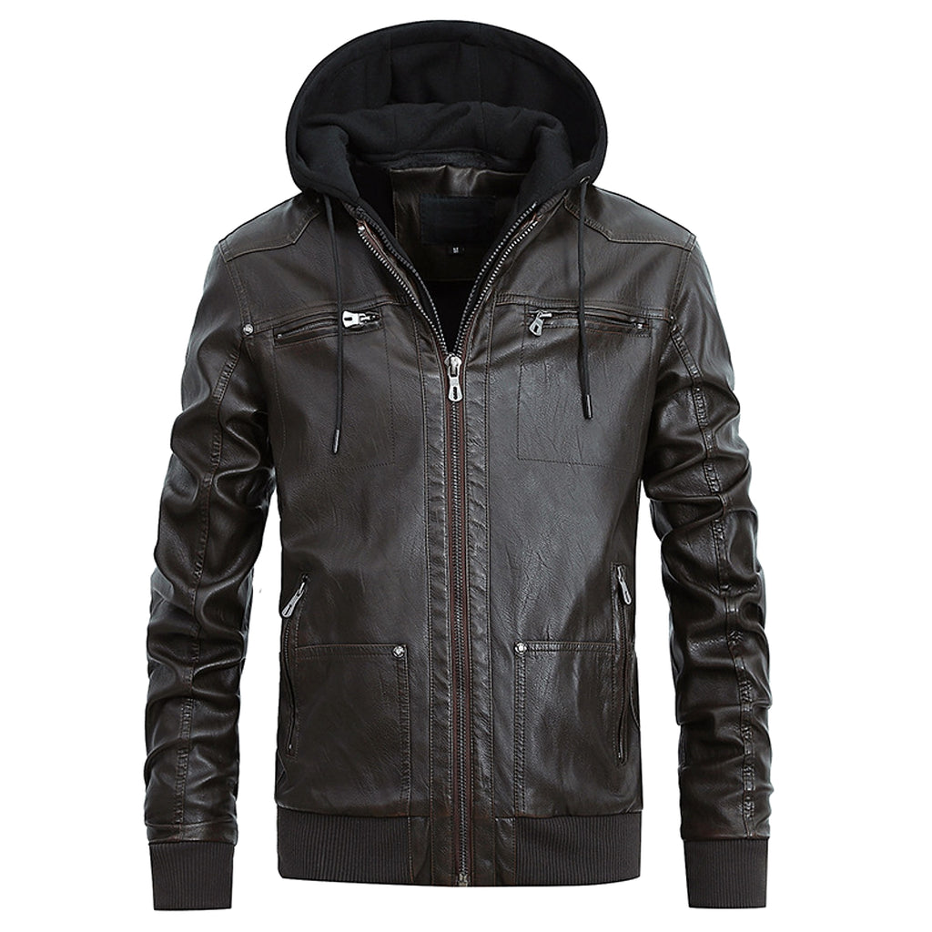Men's Detachable Hat PU Hooded Jacket - enhanced image 8