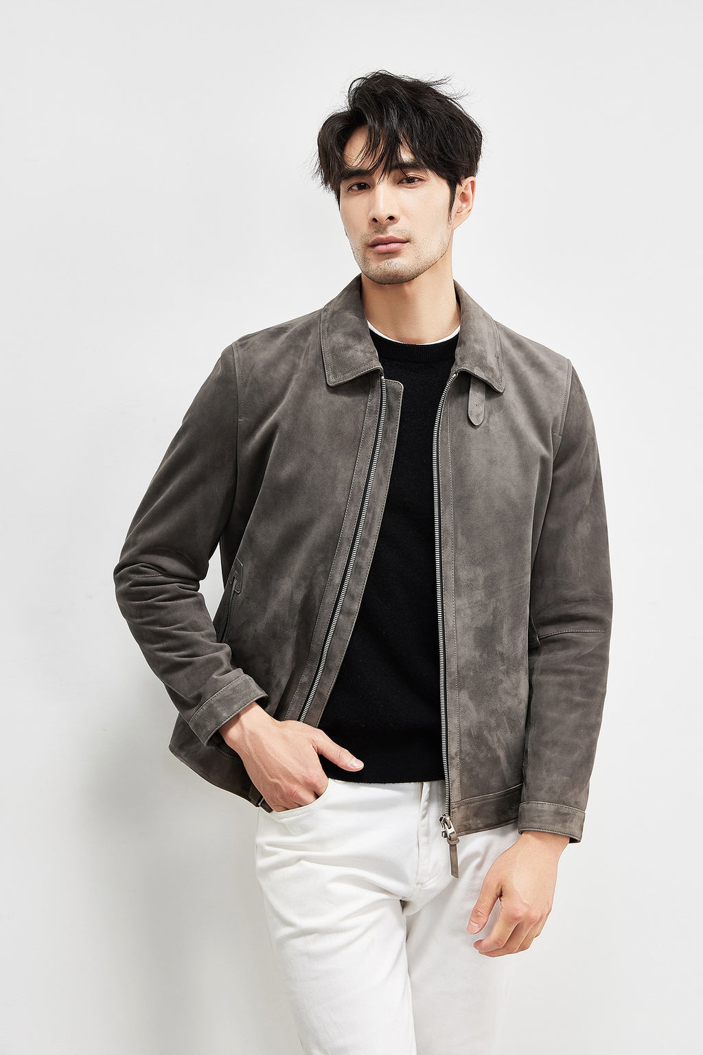 A1. Men's Lambskin Suede Lapel Biker's Leather Jacket - enhanced image 8