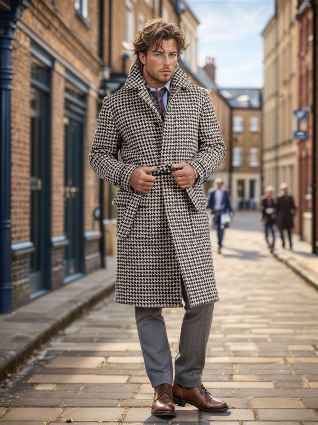 Men's Mid-length Woolen Trench Coat Houndstooth Quilted - enhanced image 8