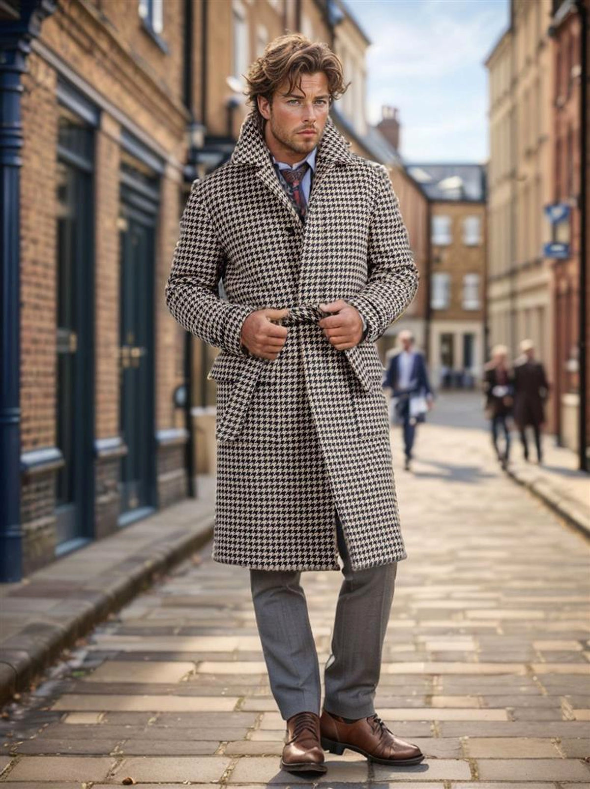 Men's Mid-length Woolen Trench Coat Houndstooth Quilted - enhanced image 8