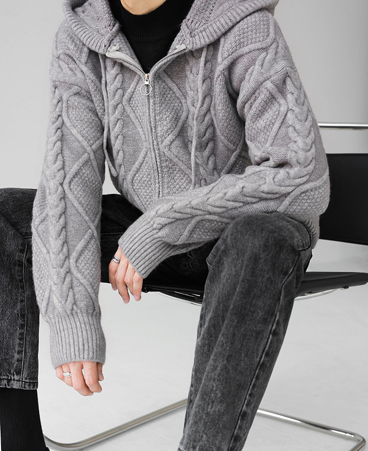 Men's Zipper Hooded Solid Color Loose Rhombus Plaid Coat - enhanced image 8