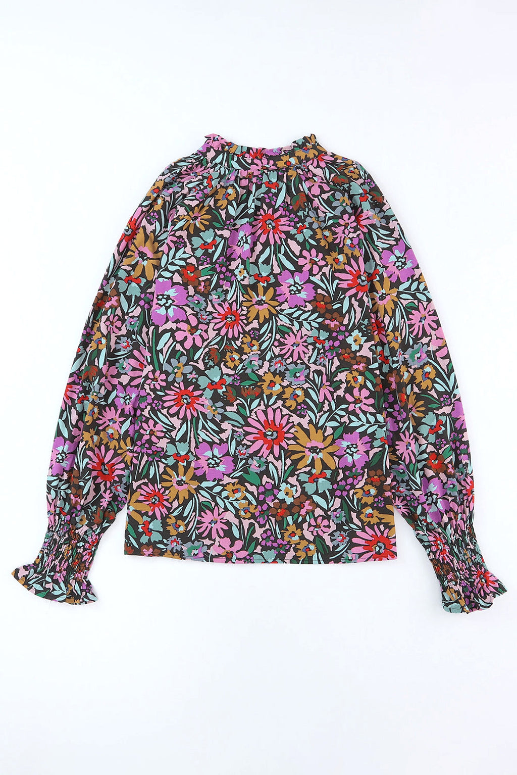 Multicolor Floral Print Ruffled Long Sleeve V-Neck Blouse - enhanced image 8