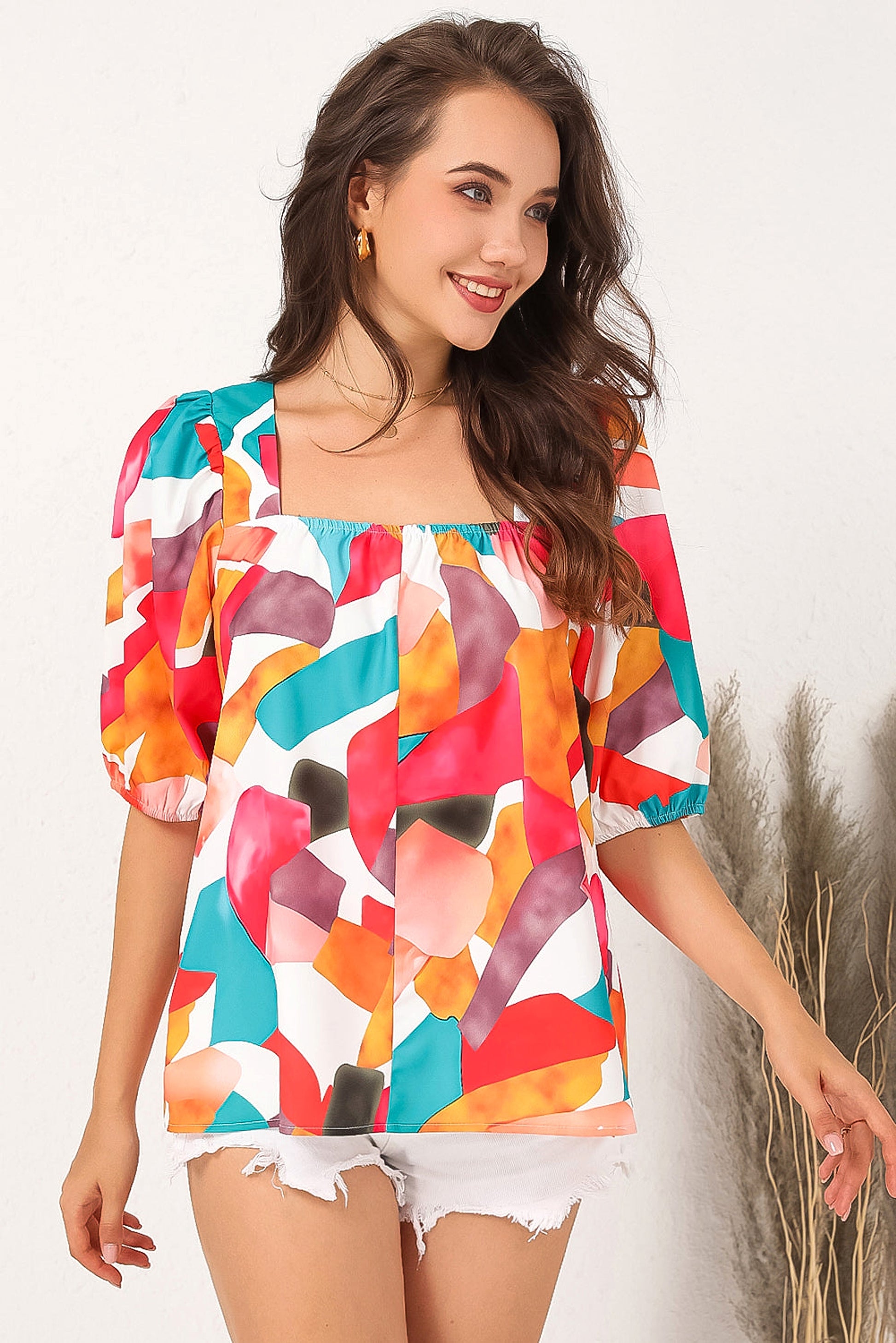 Multicolor Square Neck Abstract Print Short Sleeve Blouse - enhanced image 8