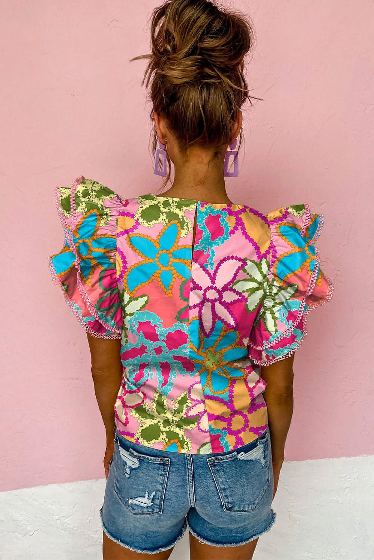 Multicolor Vibrant Floral Print Trimmed Ruffle Sleeve Blouse Sto - enhanced image 8