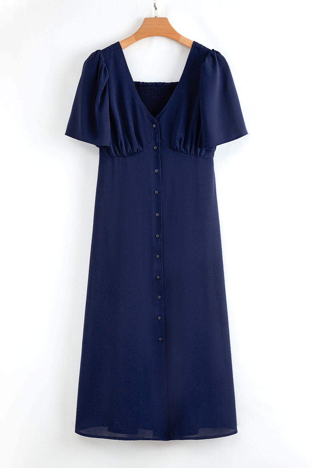 Navy Blue V Neck Buttoned Front Shirred Back Short Sleeve Midi Dress - enhanced image 8
