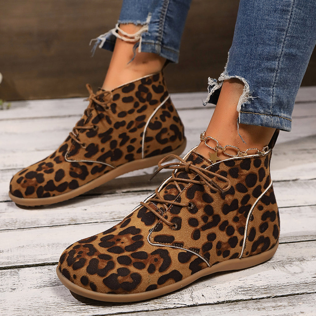 New Lace-up Flat Leopard Print Casual Boots Women - enhanced image 8
