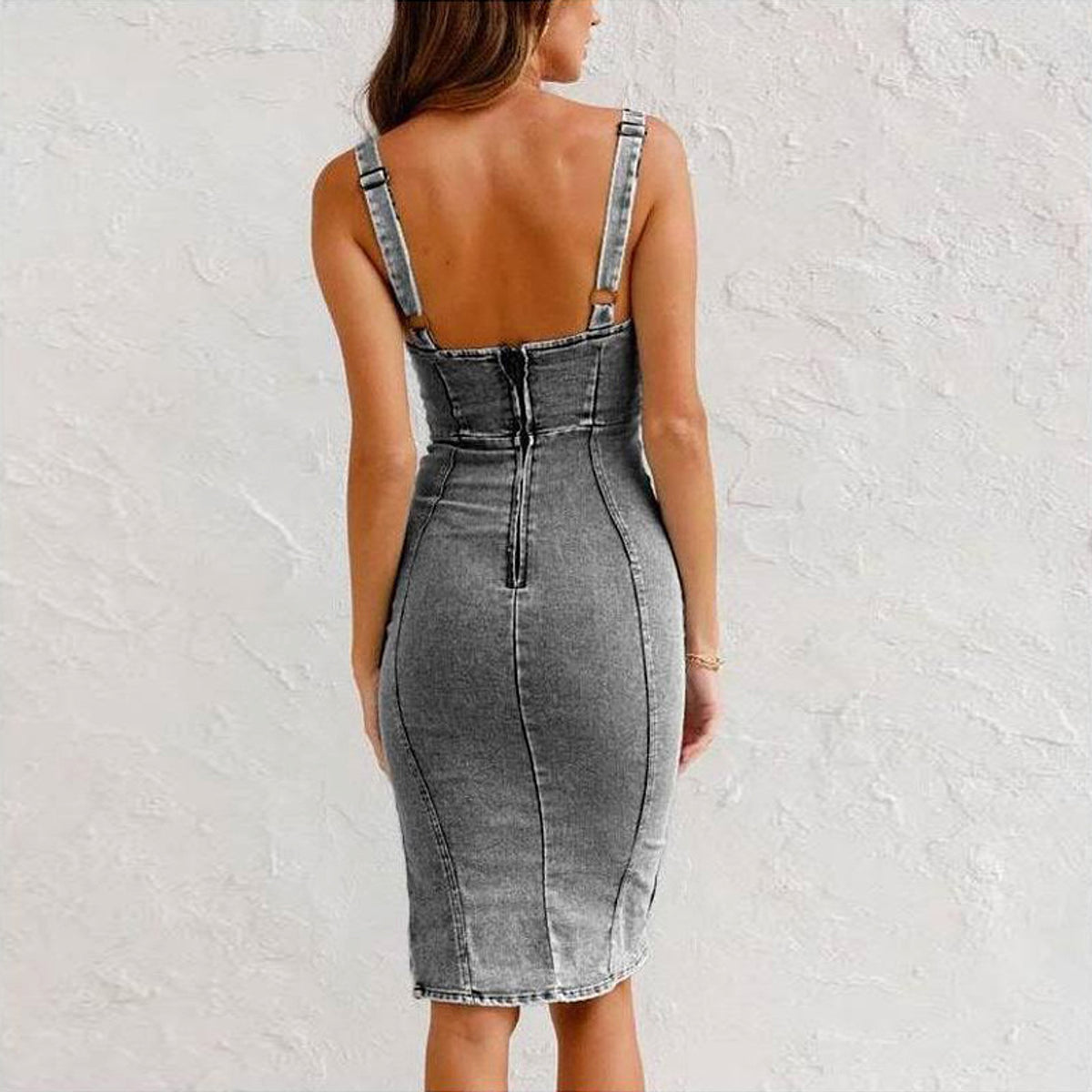 New U-neck Suspender Denim Dress Summer Casual Tight Slim Fit Dresses With Slit Design Womens Clothing - enhanced image 8