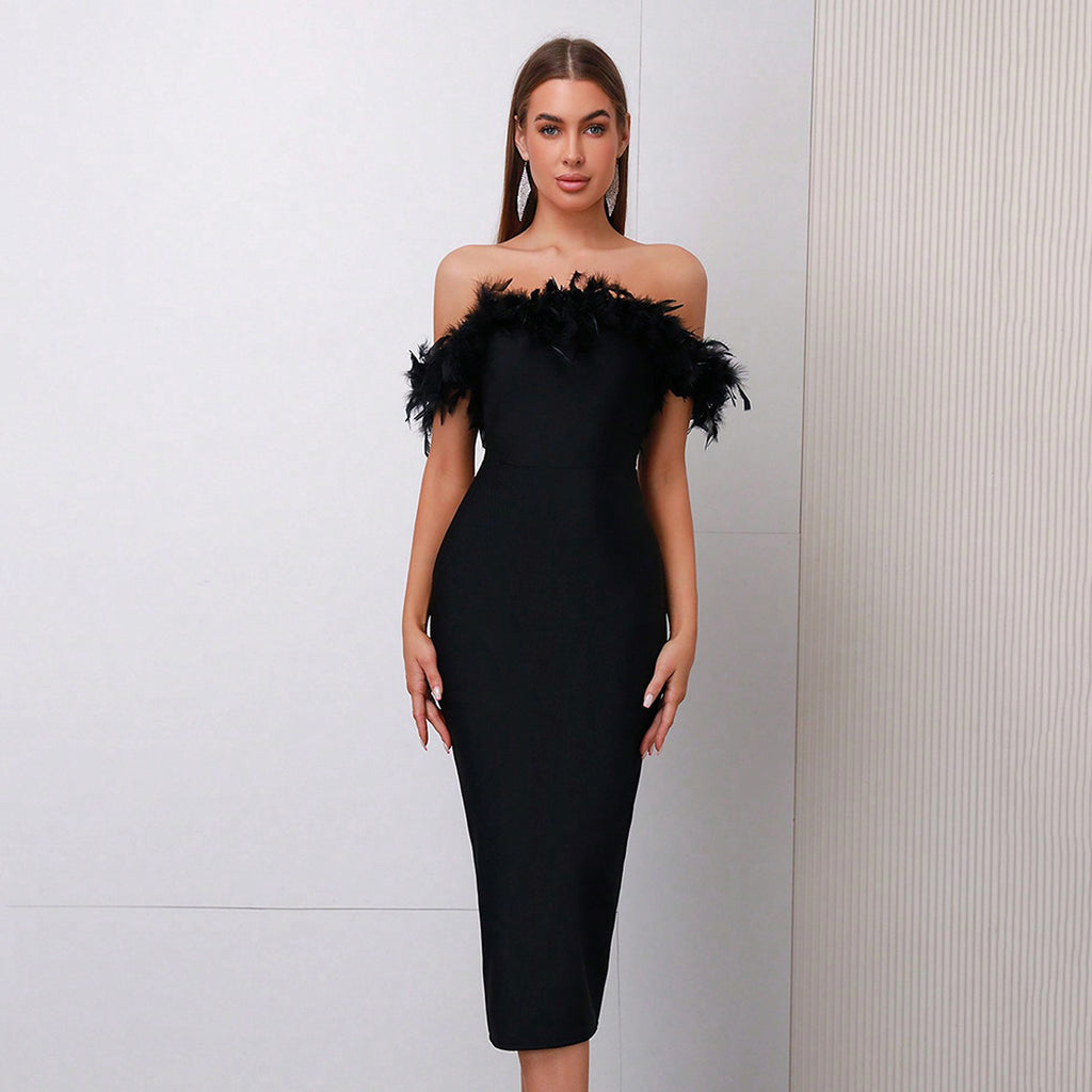 Off-neck Feather Women's Dress - enhanced image 8