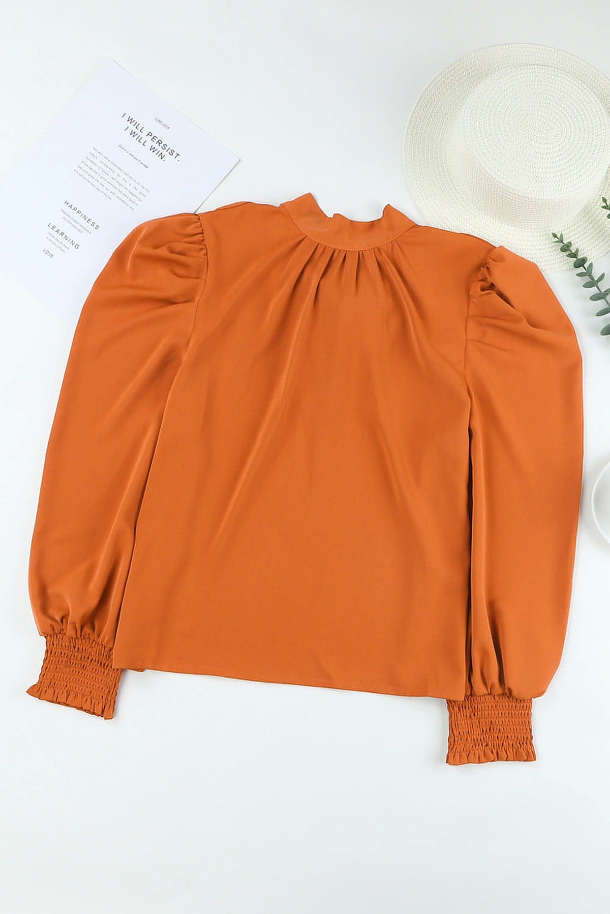 Orange Long Bubble Sleeve Mock Neck Chiffon Blouse - enhanced image 8
