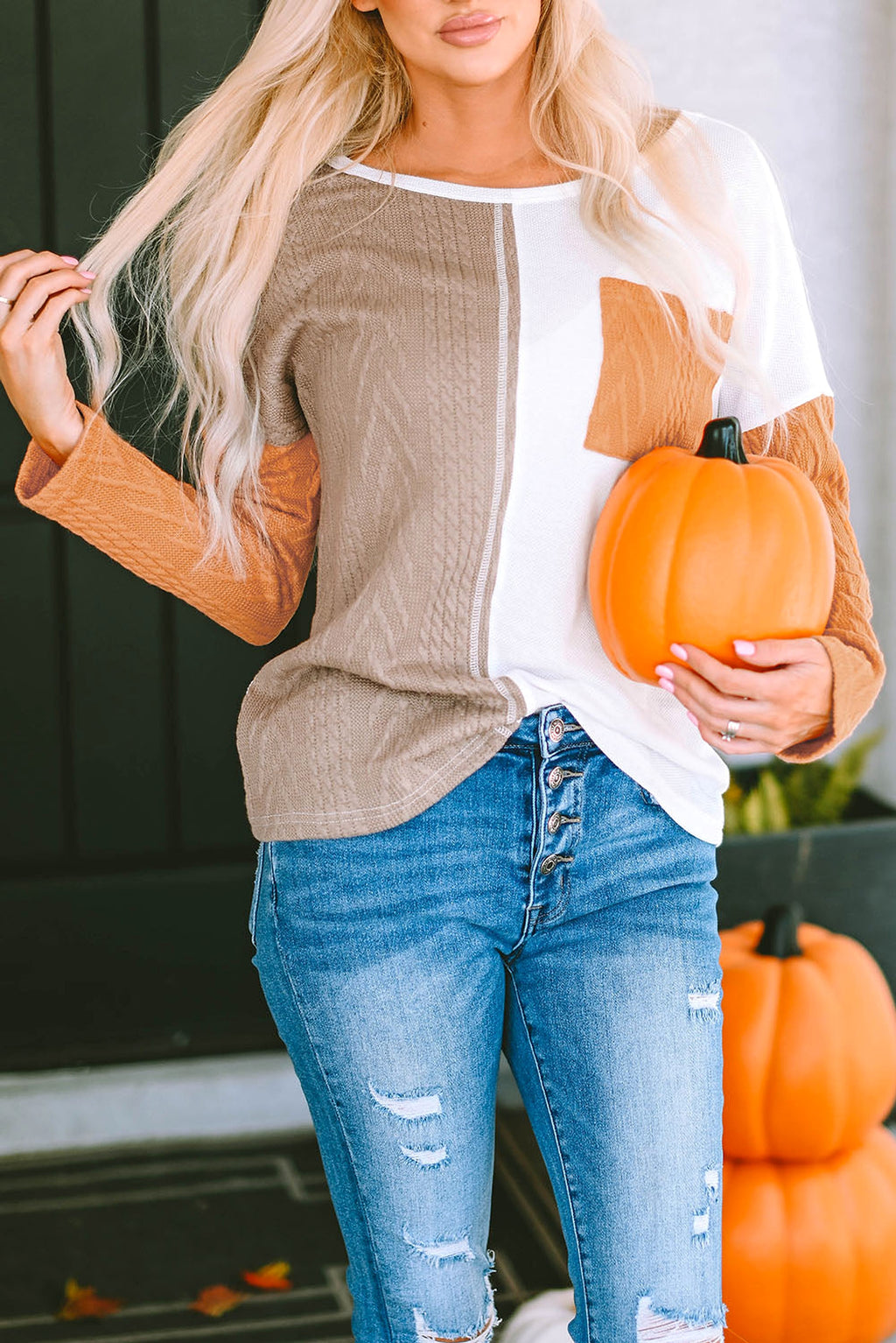 Orange Long Sleeve Colorblock Chest Pocket Textured Knit Top - enhanced image 8