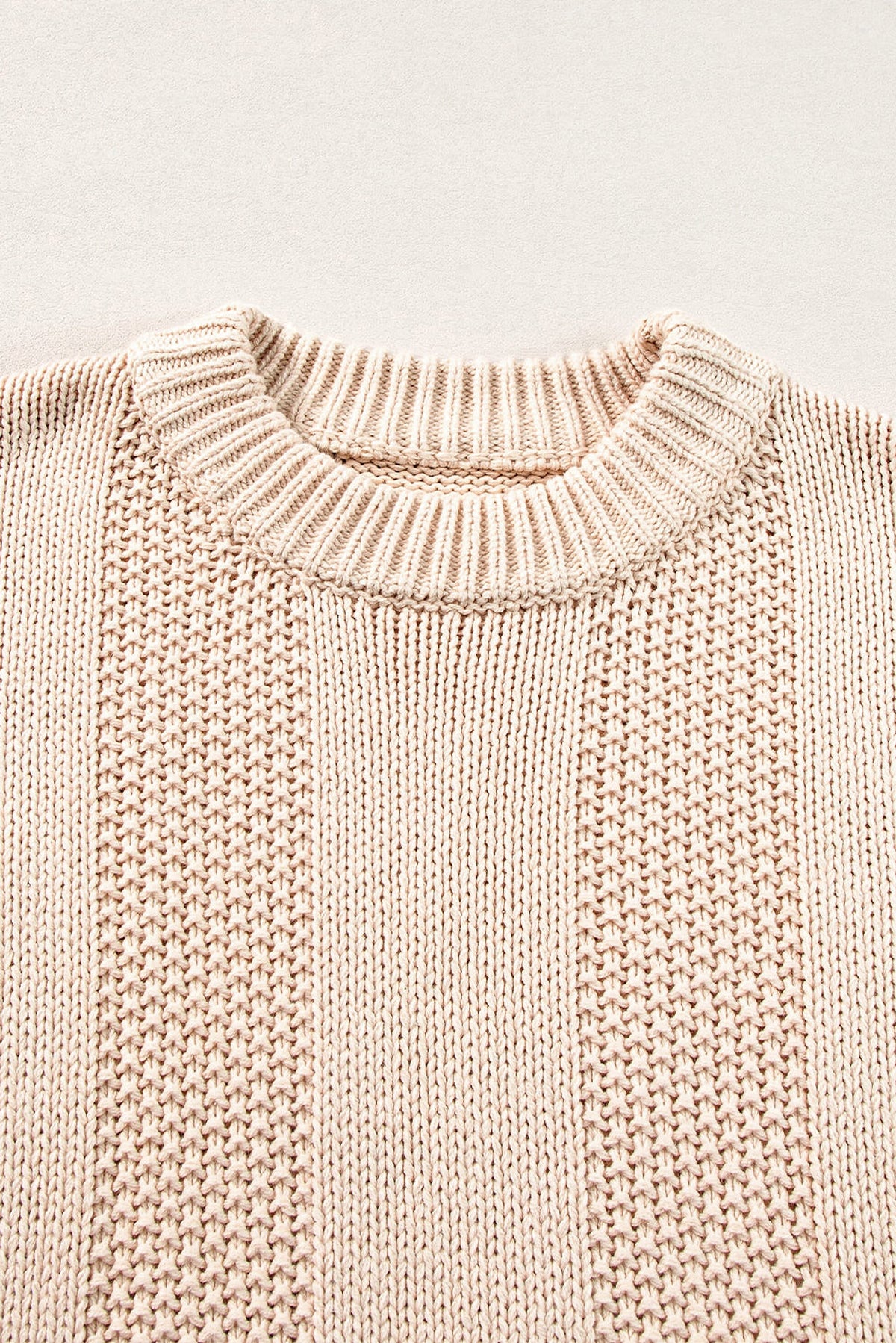 Pale Khaki Solid Color Cable Knit Ribbed Loose Sweater - enhanced image 8