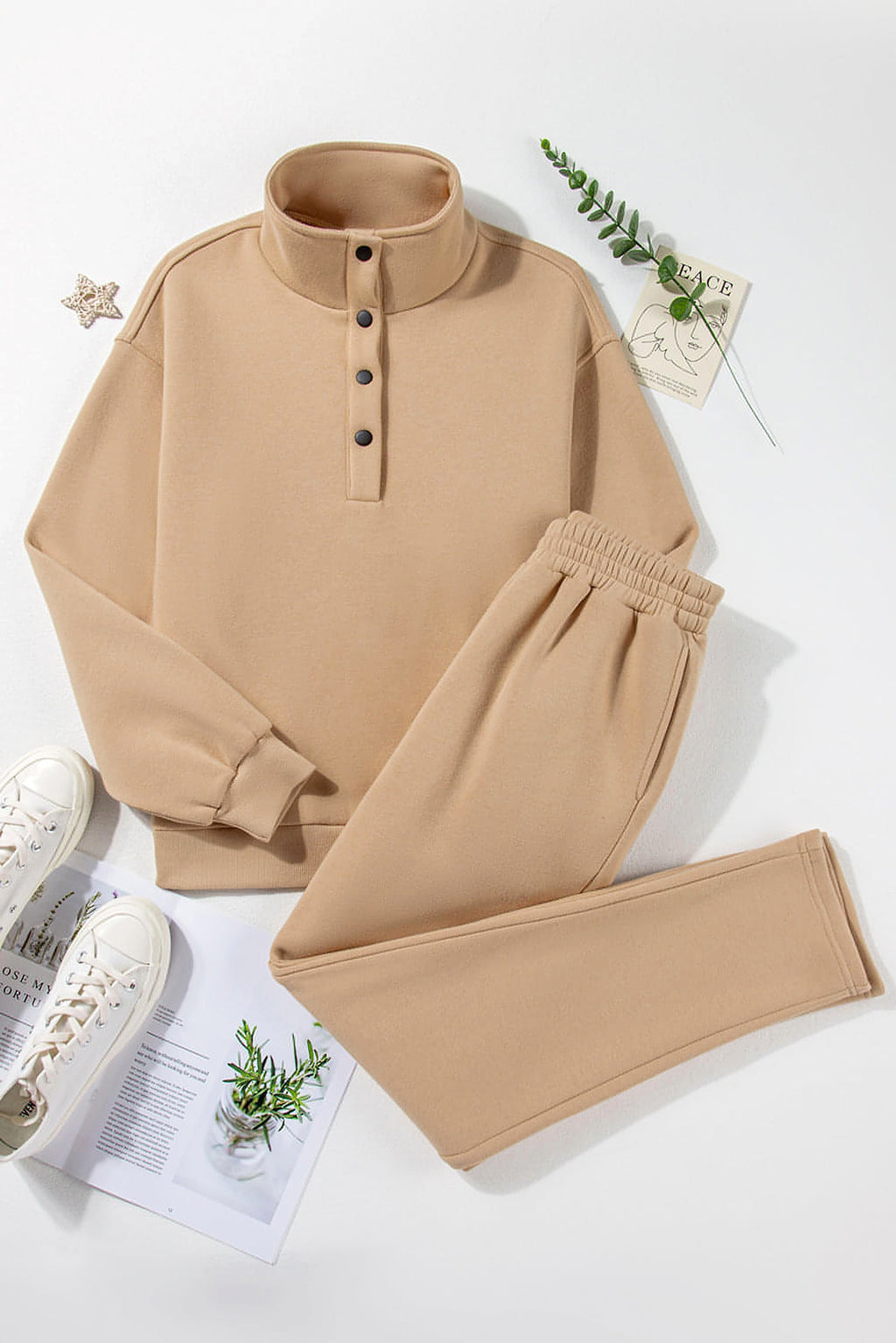 Parchment Solid Half Button Sweatshirt and High Waist Sweatpants Set - enhanced image 8