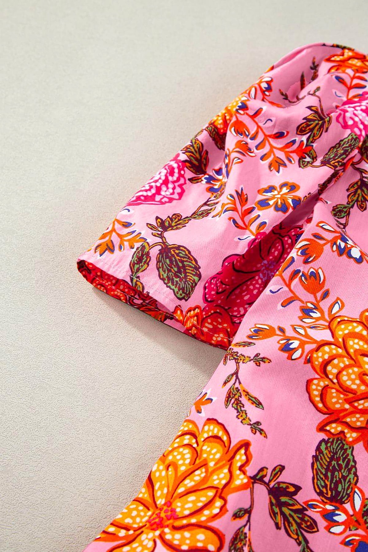 Pink Floral Bubble Sleeve V Neck Ruffled Mini Dress - enhanced image 8