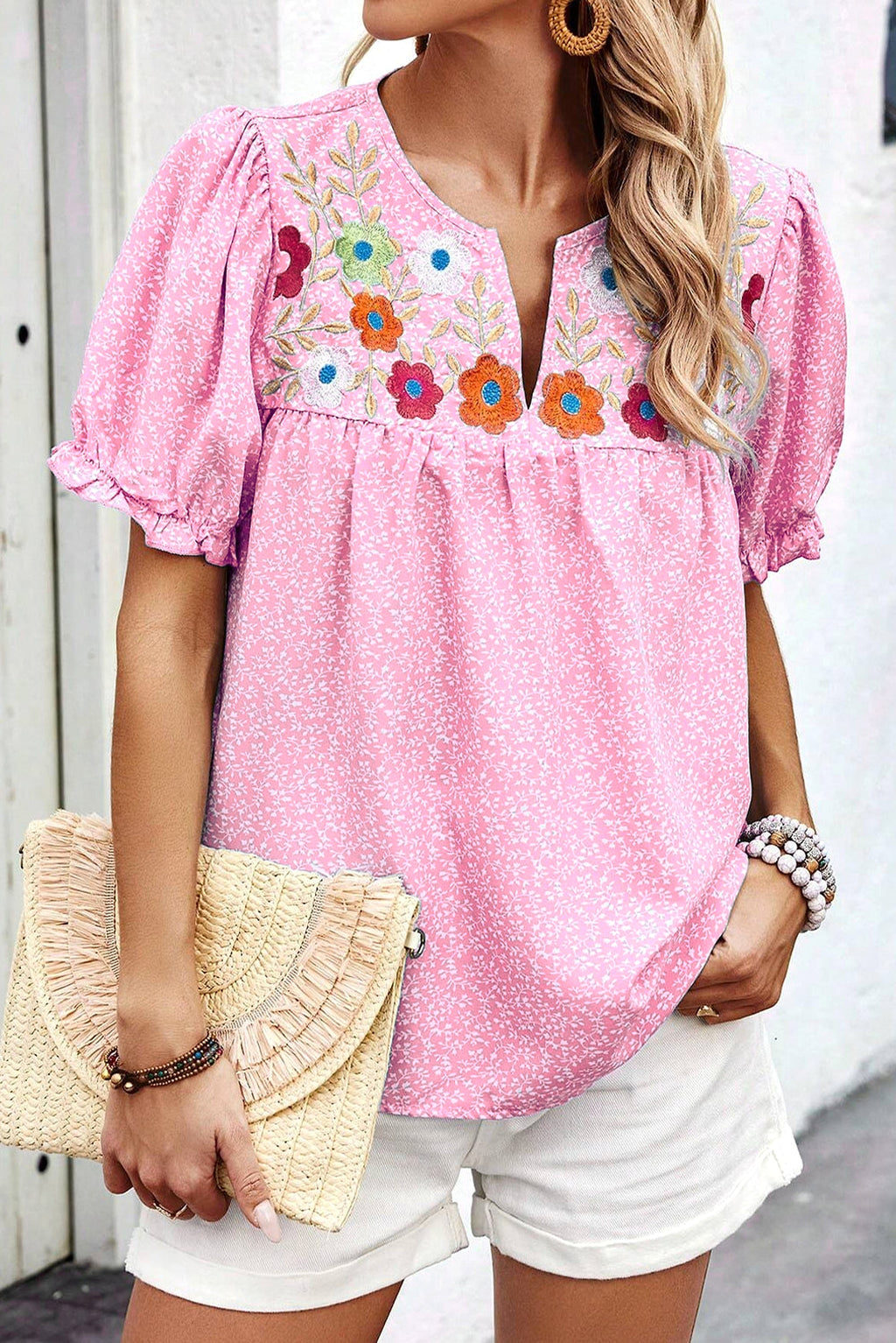 Pink Floral Embroidered Puff Sleeve Notched V Neck Blouse - enhanced image 8
