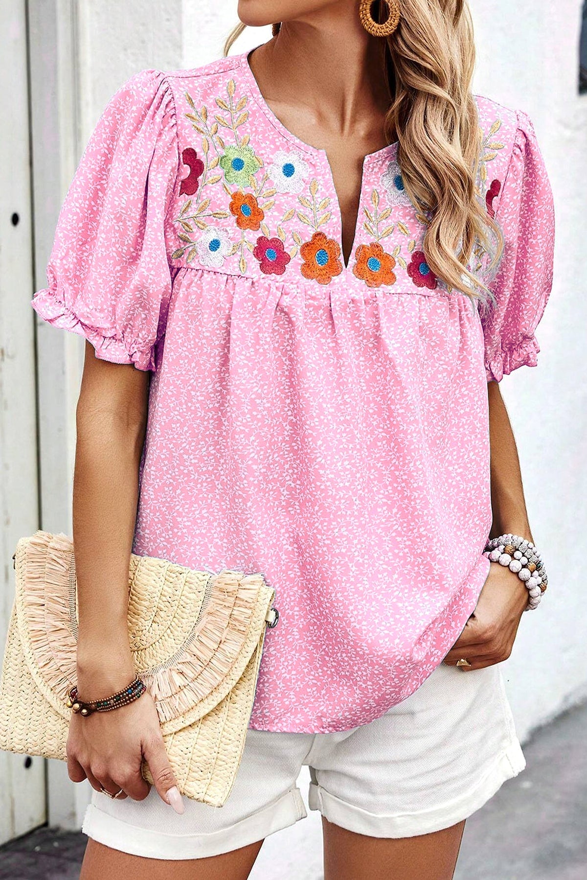 Pink Floral Embroidered Puff Sleeve Notched V Neck Blouse - enhanced image 8