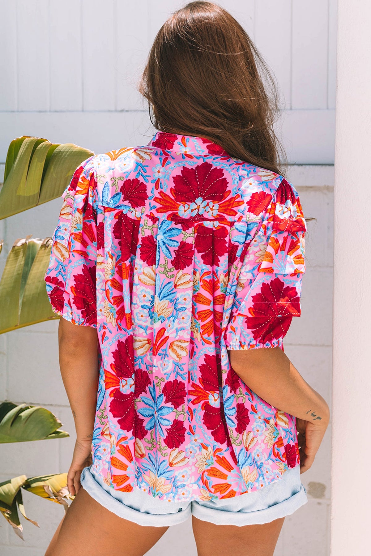 Pink Floral Print Bubble Sleeve Button Up Pleated Shirt - enhanced image 8