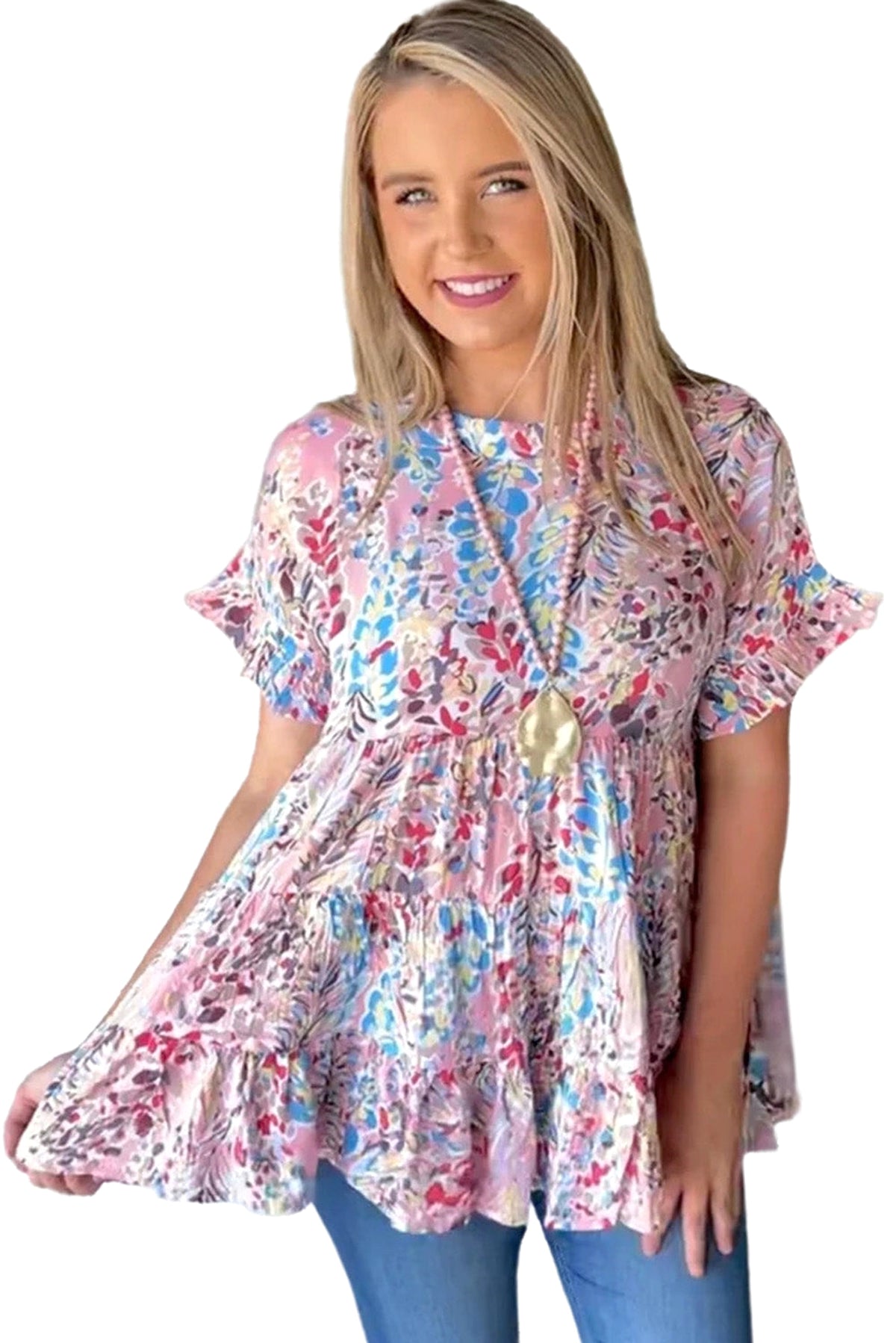 Pink Floral Print Ruffle Sleeve Babydoll Top - enhanced image 8