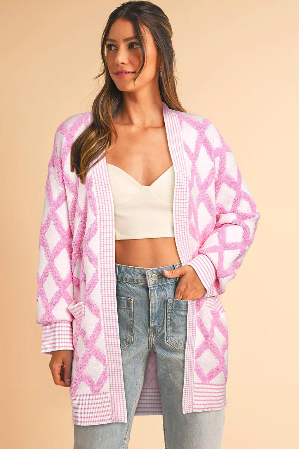 Pink Rhombus Pattern Knit Open Front Pocketed Cardigans - enhanced image 8