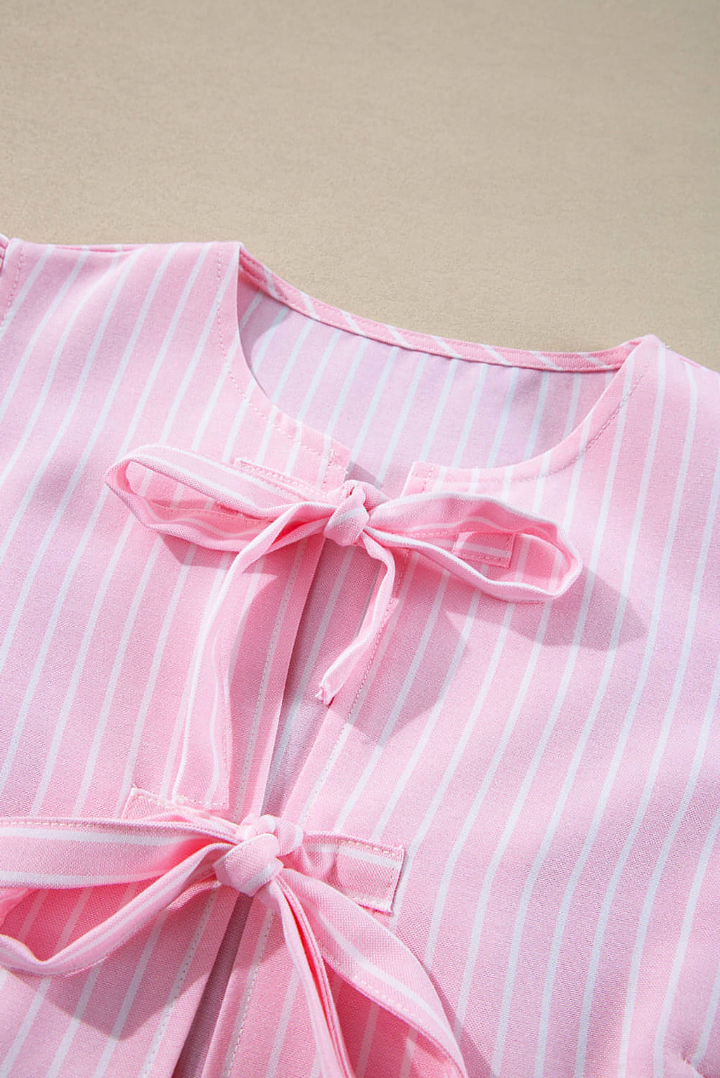 Pink Stripe Bowknot Front Crew Neck Puff Sleeve Blouse - enhanced image 8