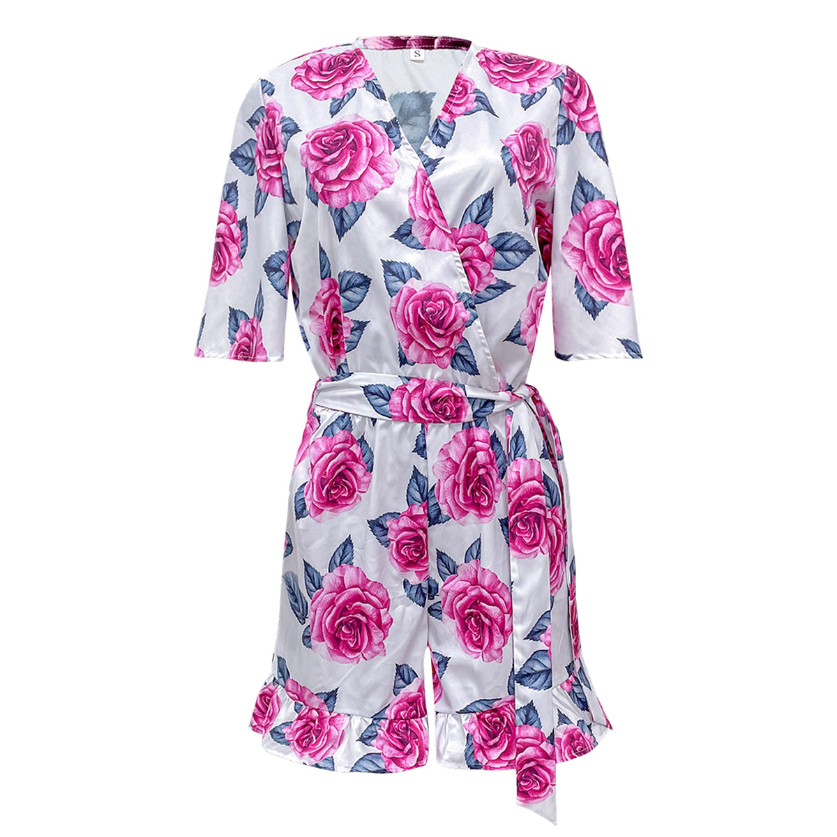 Printed Flared Short-Sleeved Lace-Up Jumpsuit Skirt - enhanced image 8